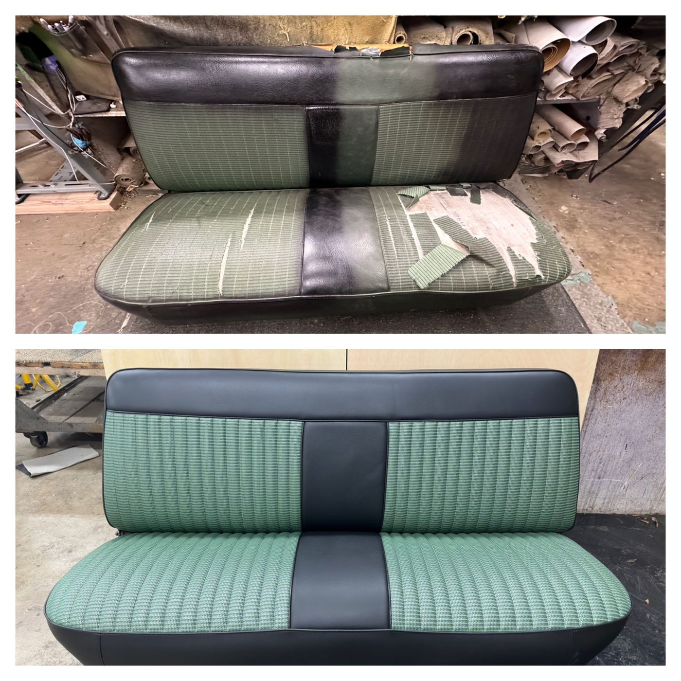 Before and after of a bench seat fully recovered by Commercial Seat Cover in Salem, OR